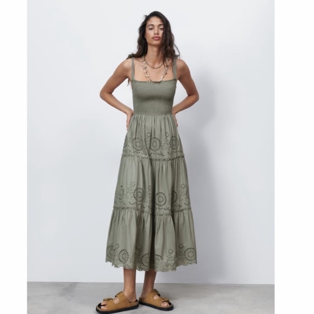 ZARA Open Work Embroidered Eyelet Sage/light olive Midi Dress – Size Small